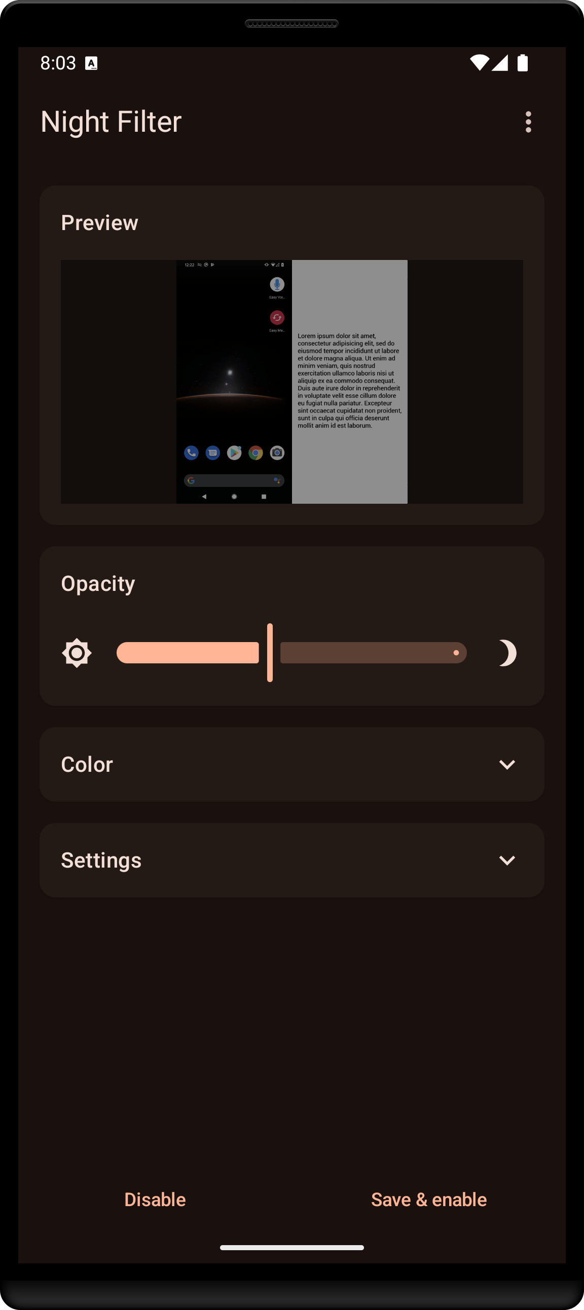 The Night Filter app on an Android phone: a live preview at the top, an opacity slider running from a sun to a moon, and collapsed Color and Settings sections.